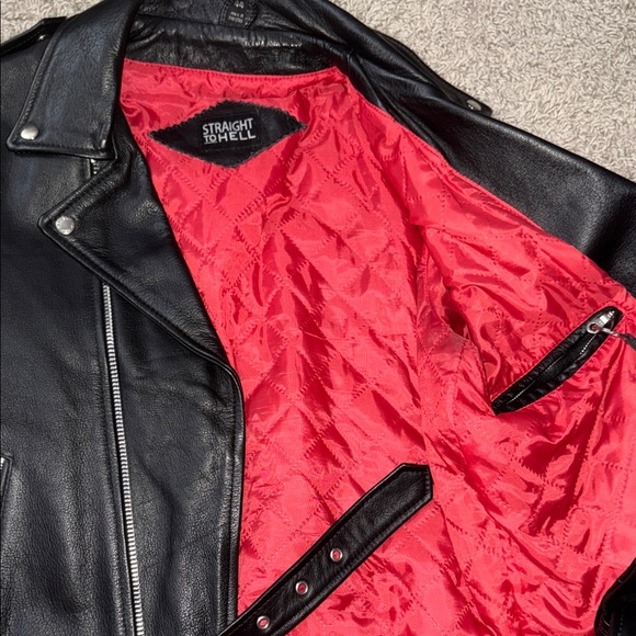 SOLD  Straight To Hell Black Biker Jacket with Red Lining - Picture 5 of 5